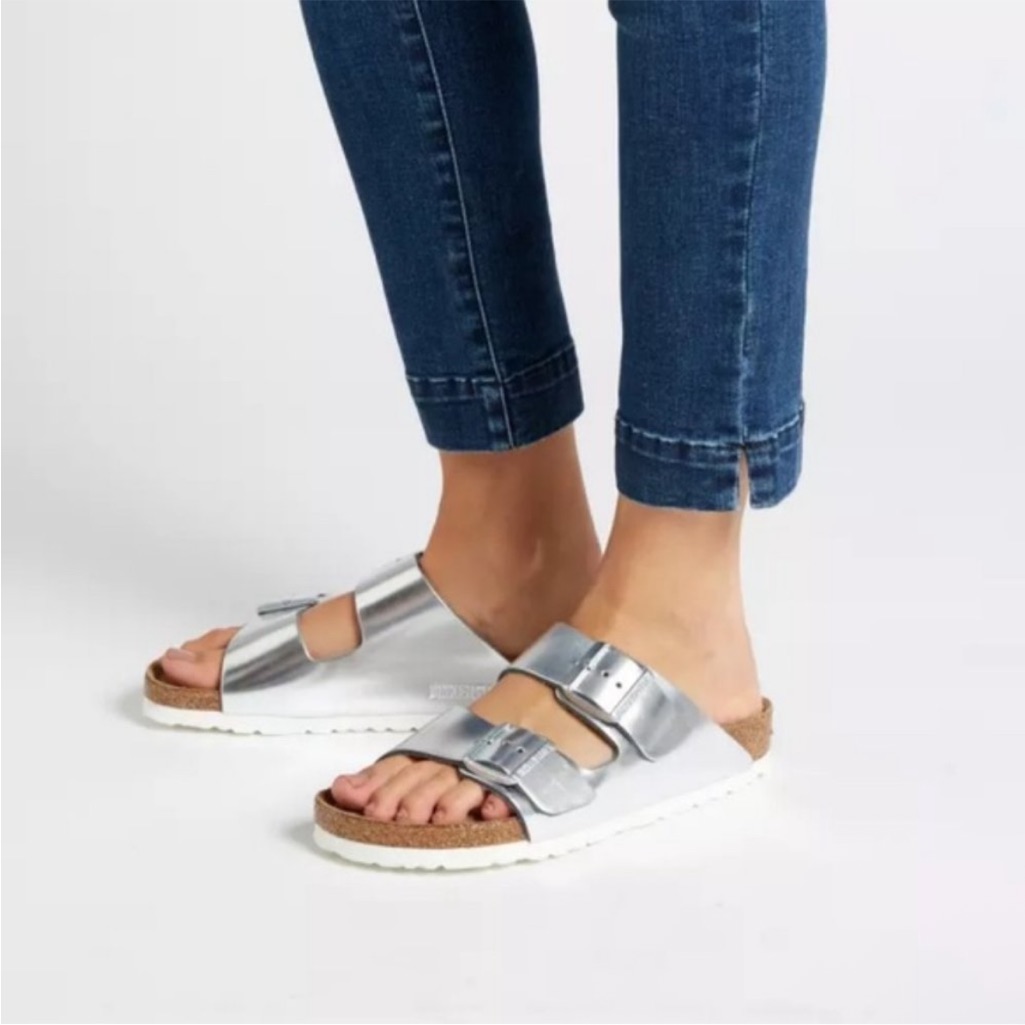 Birkenstock Arizona Soft Footbed Sandals In Metallic Silver 37 6